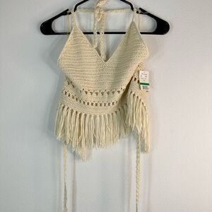 Taylor & Sage Cream Crochet Knit Fringe Trim Halter Top Womens Large Boho NWT
